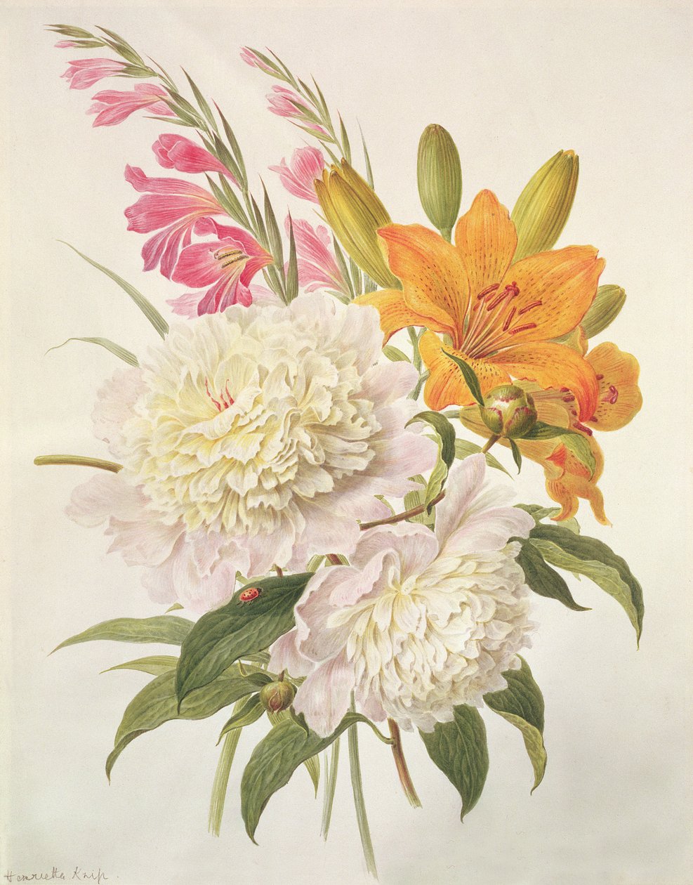 Sprays de Gladíolos, Peônias e Lilium Bulbiferum de Henriette Gertruide Knip