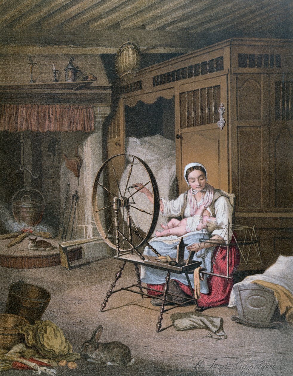 Interior, de, um, breton, lar, tarde, 19o século, (color, engraving) de Henriette Jacott Cappellaere