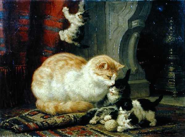 Kittens At Play (óleo no painel) de Henriette Gertruide Knip