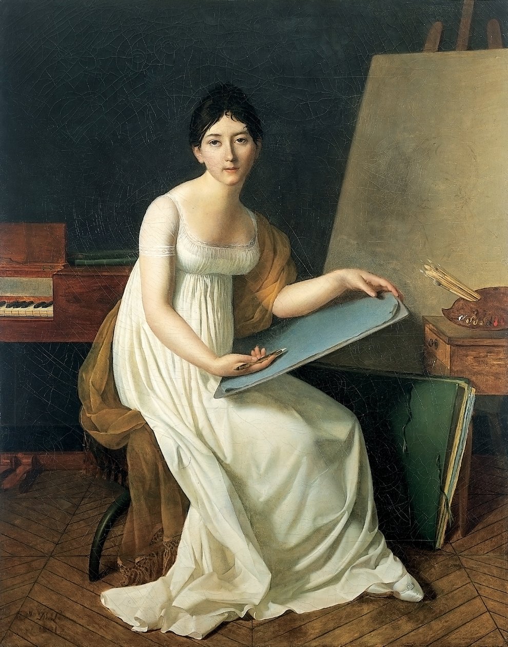 Retrato da artista, de vestido branco e segurando um caderno de desenho de Henriette Lorimier
