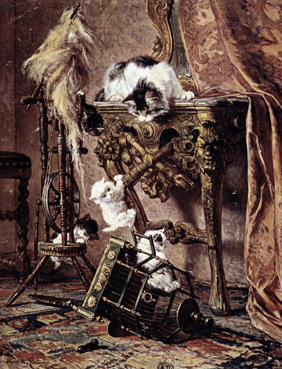 Uma gata vê os seus gatinhos a brincar - por Henriette Ronner de Henriëtte Ronner Knip