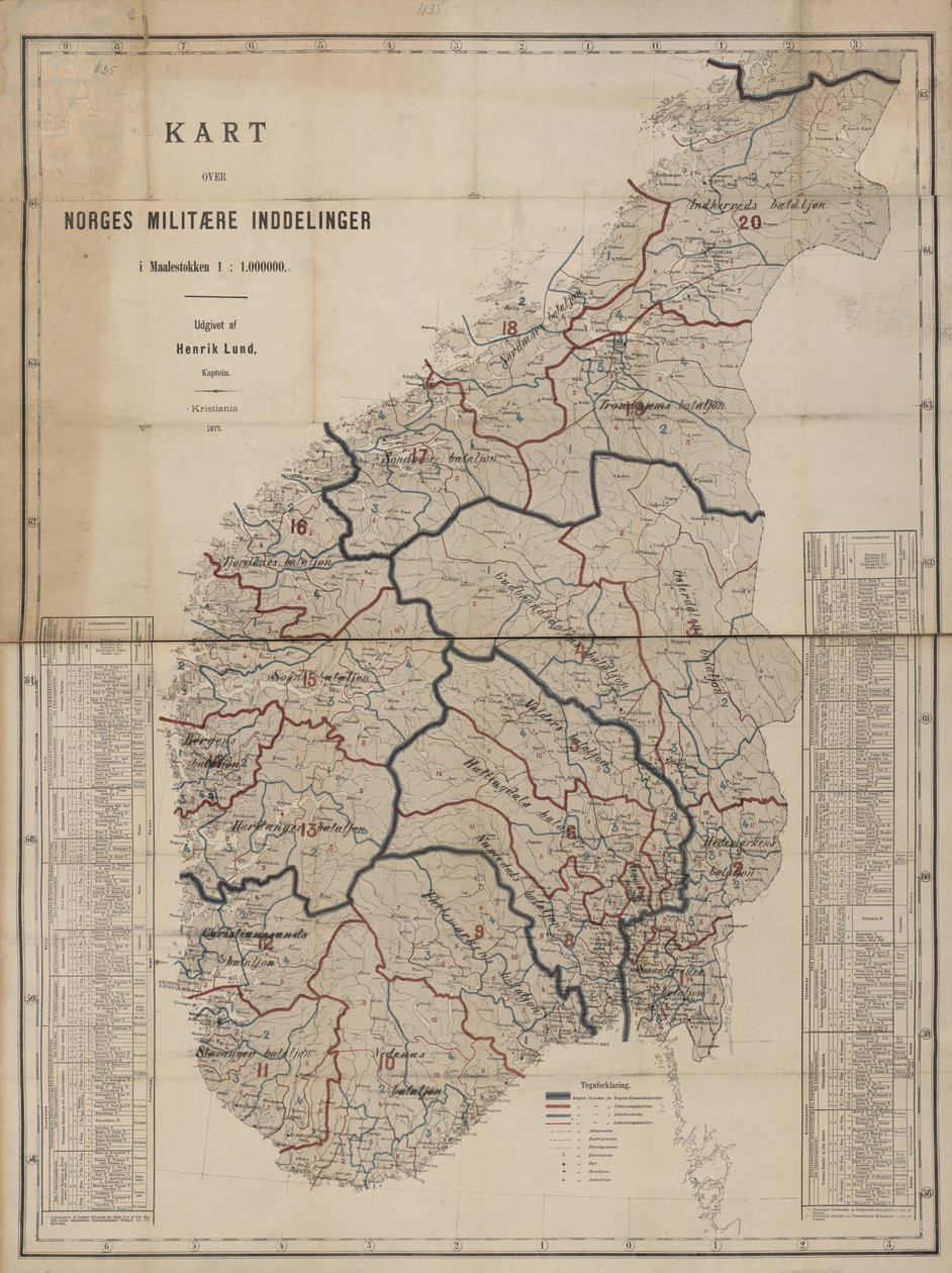 Mapa da coleção de mapas da Biblioteca Nacional. O mapa é publicado em Kristiania (1877) e mostra a Noruega. de Henrik Lund