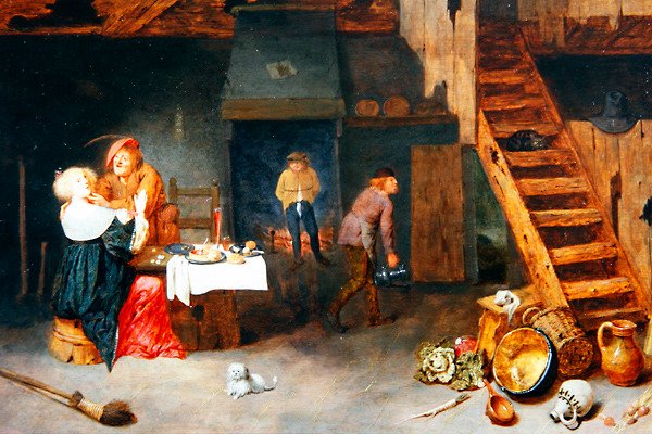 Um Interior Camponês com Figuras Carousing em uma Mesa (óleo sobre painel) de Henrik Potuijl