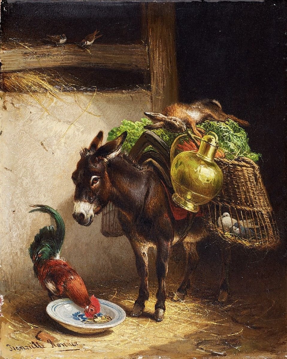 Burro e galo no estábulo. de Henriëtte Ronner Knip
