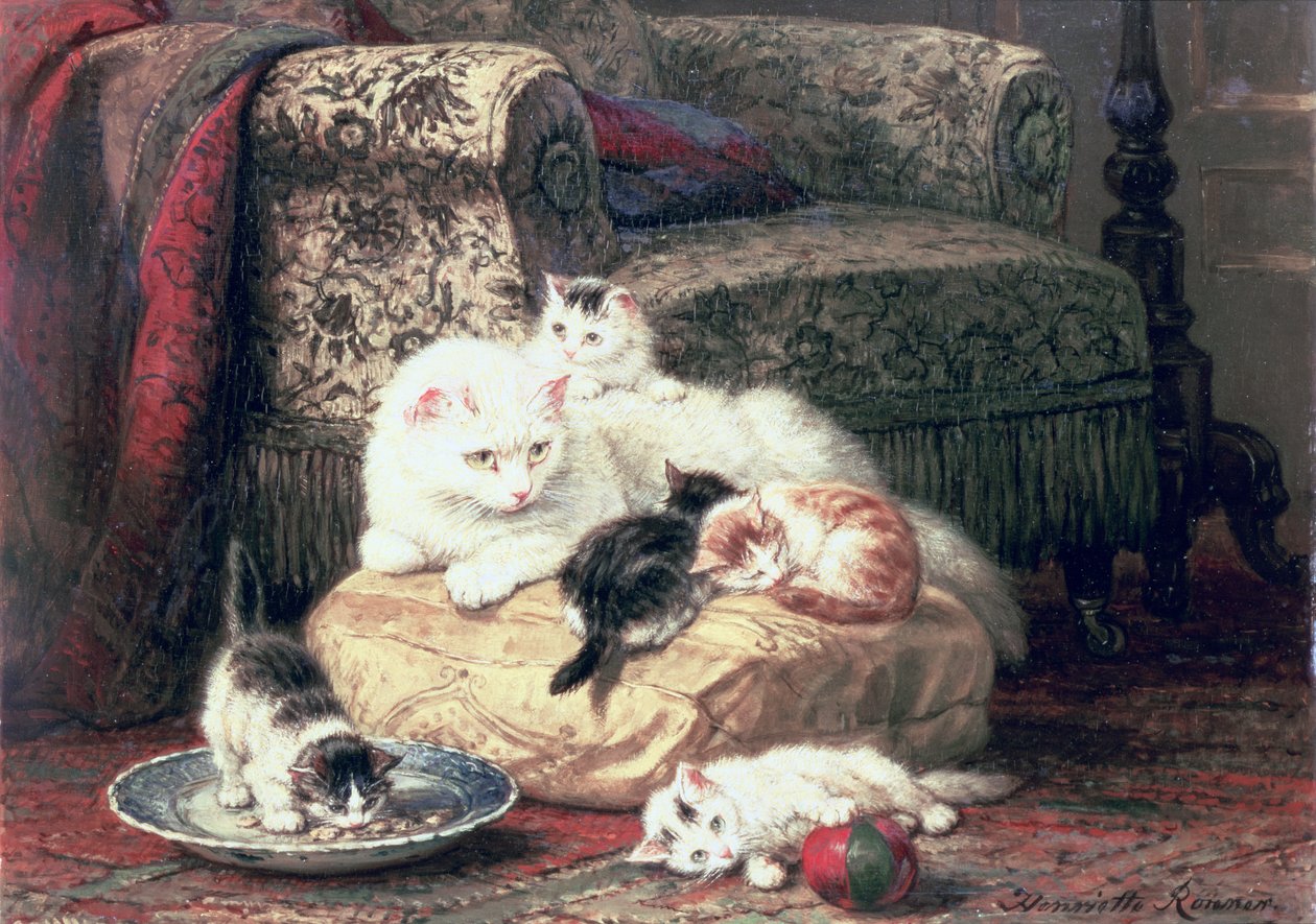 Gato com seus gatinhos em uma almofada de Henriëtte Ronner Knip