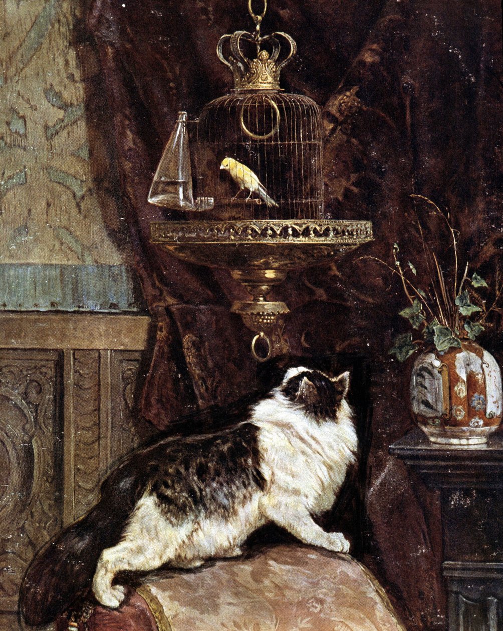 O gato a espiar um pássaro numa gaiola - por Henriette Ronner de Henriëtte Ronner Knip