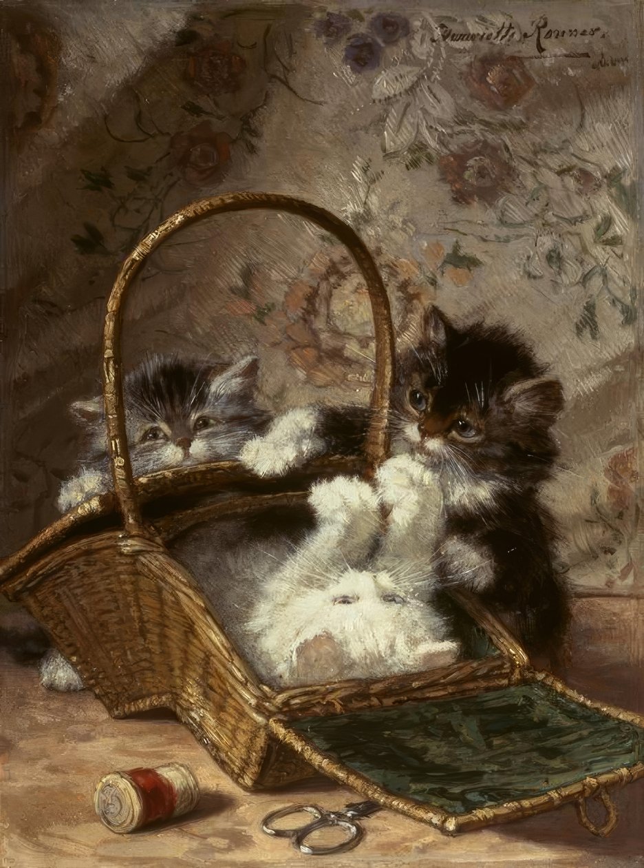 Gatos jovens com uma cesta de costura de Henriëtte Ronner Knip
