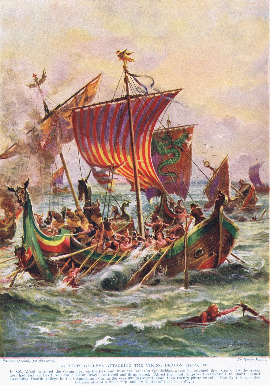 As galeras de Alfredo atacando os navios do Dragão Viking, 897 dC, ilustração da "História da Nação Britânica" de Hutchison, c.1920 de Henry A. Payne