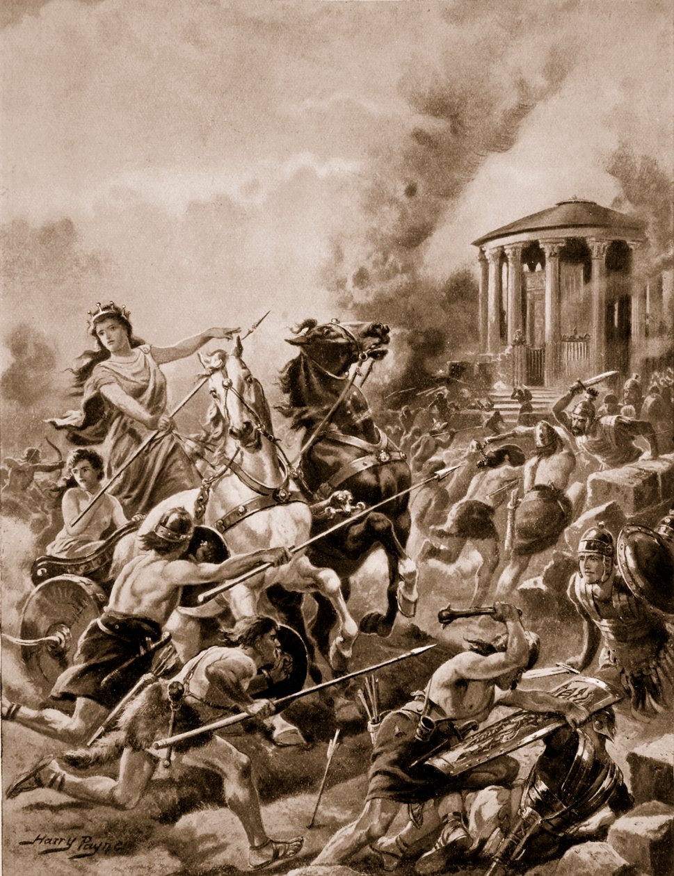 O ataque de Boadicea a Camulodunum, 60AD, ilustração de "A História da Nação" de Henry A. Payne