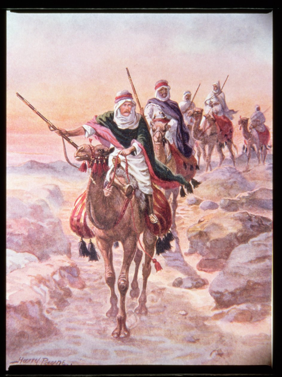 &39;Lord Kitchener, disfarçado como um árabe, montando através do deserto a Dongola&39;, ilustração de &39;ações bravas por homens bravos&39; por C. Sheridan Jones, bar. 1922 de Henry A. Payne