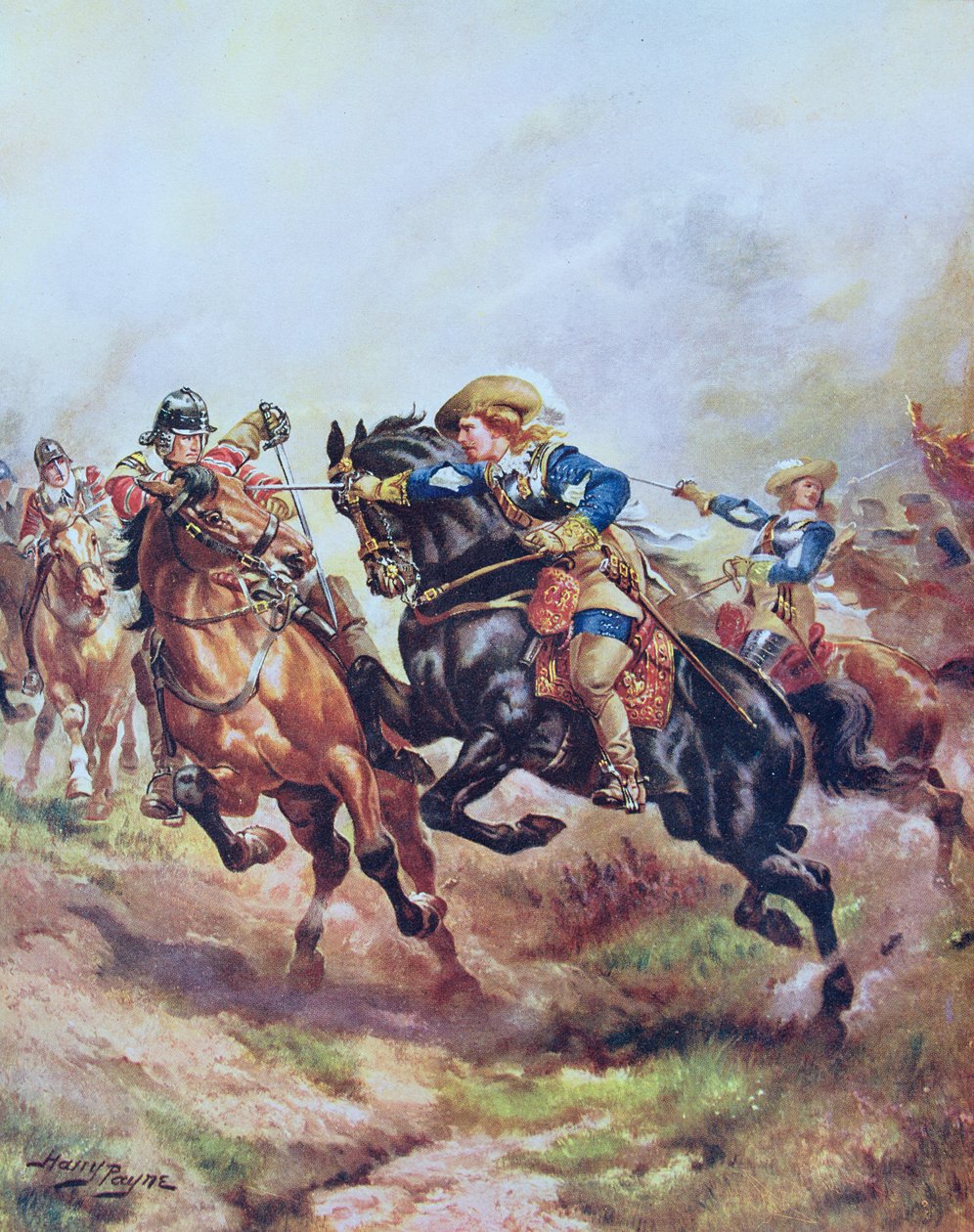 Cavalaria do Príncipe Rupert em Edgehill em 1642, ilustração de Hutchinson "A História da Nação Britânica" c.1920 de Henry A. Payne