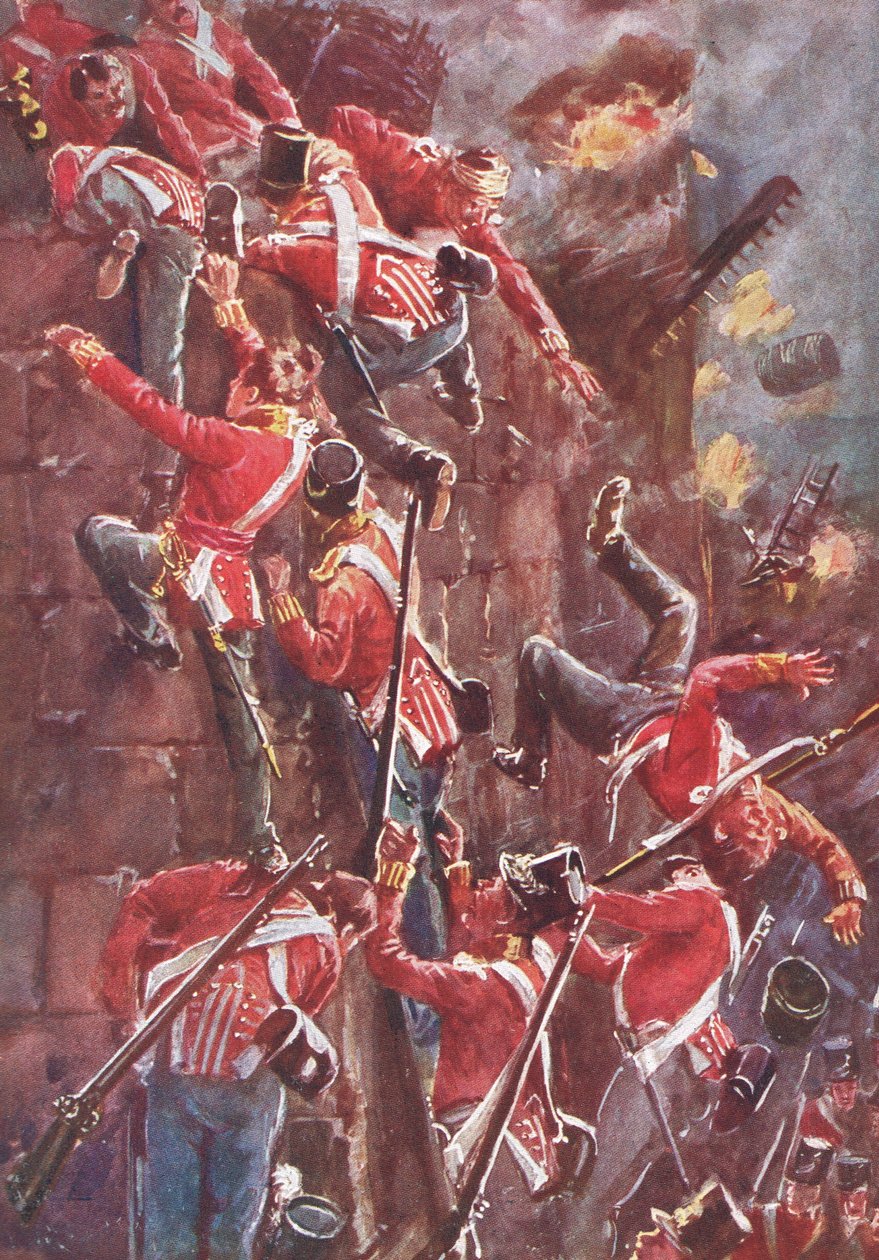 A 5ª Divisão atacou escalando as muralhas de San Vincente na Tomada de Badajoz, ilustração de "Batalhas Britânicas na Terra e no Mar", publicada por Cassell, Londres, c.1910 de Henry A. Payne