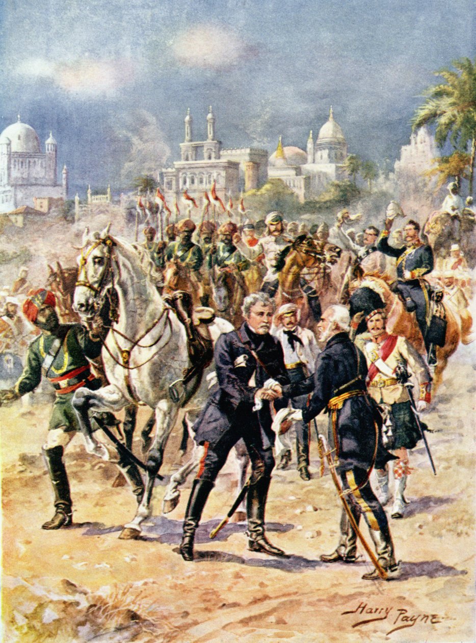 O Encontro de Sir Colin Campbell (1792-1863) e a ilustração do General Outram de "Batalhas Gloriosas da História Inglesa" pelo Major CH Wylly, década de 1920 de Henry A. Payne