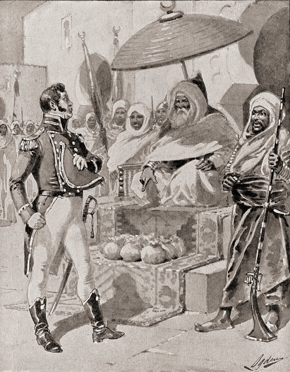 Capitão William Bainbridge prestando homenagem ao Dey de Argel para garantir a isenção de captura para navios mercantes dos EUA no Mediterrâneo em 1800, publicado em 19 de Henry Alexander Ogden