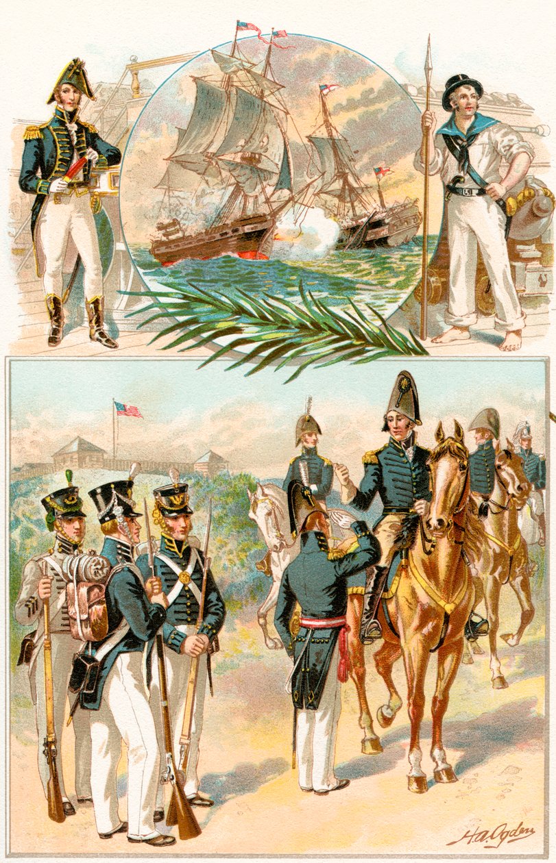 Uniformes do Exército e da Marinha dos Estados Unidos durante a Guerra de 1812, de The History of Our Country, publicado em 1905 de Henry Alexander Ogden