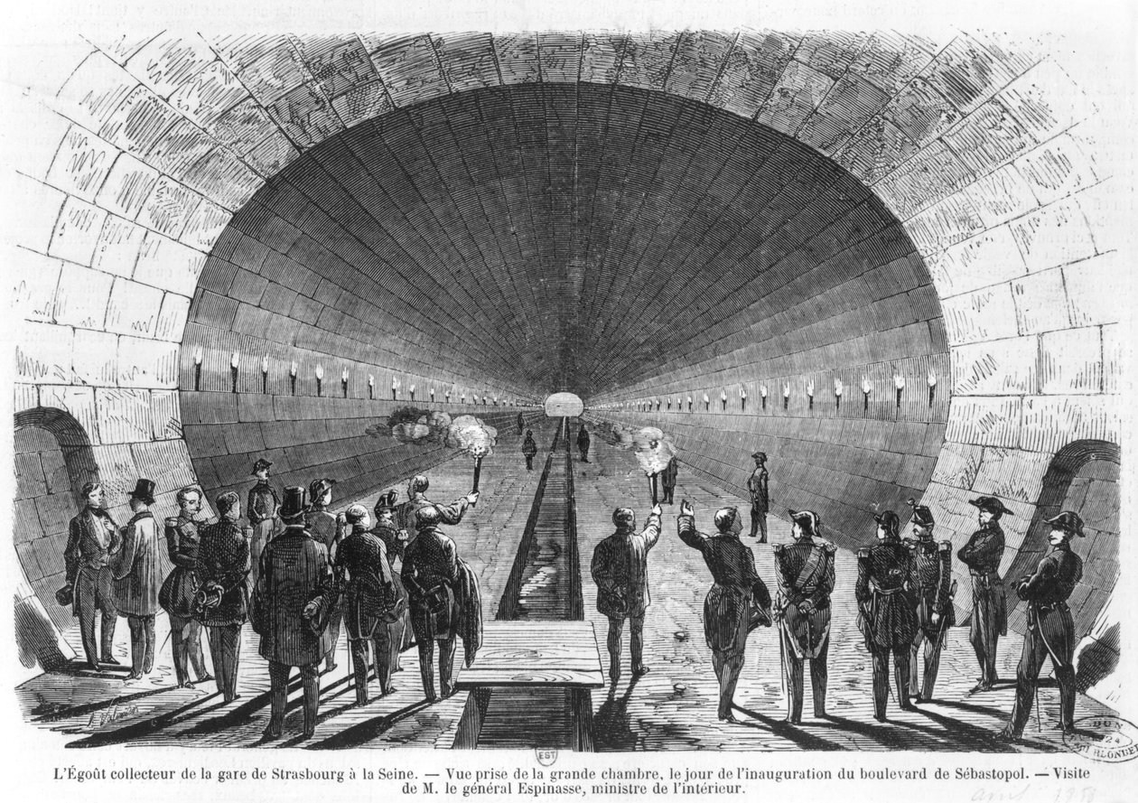 Esgoto principal da estação de Strasbourg para o Sena. Visita oficial do Ministro do Interior, General Charles Marie Esprit Espinasse (1815-1859) abril de 1858 de Henry Augustin Valentin