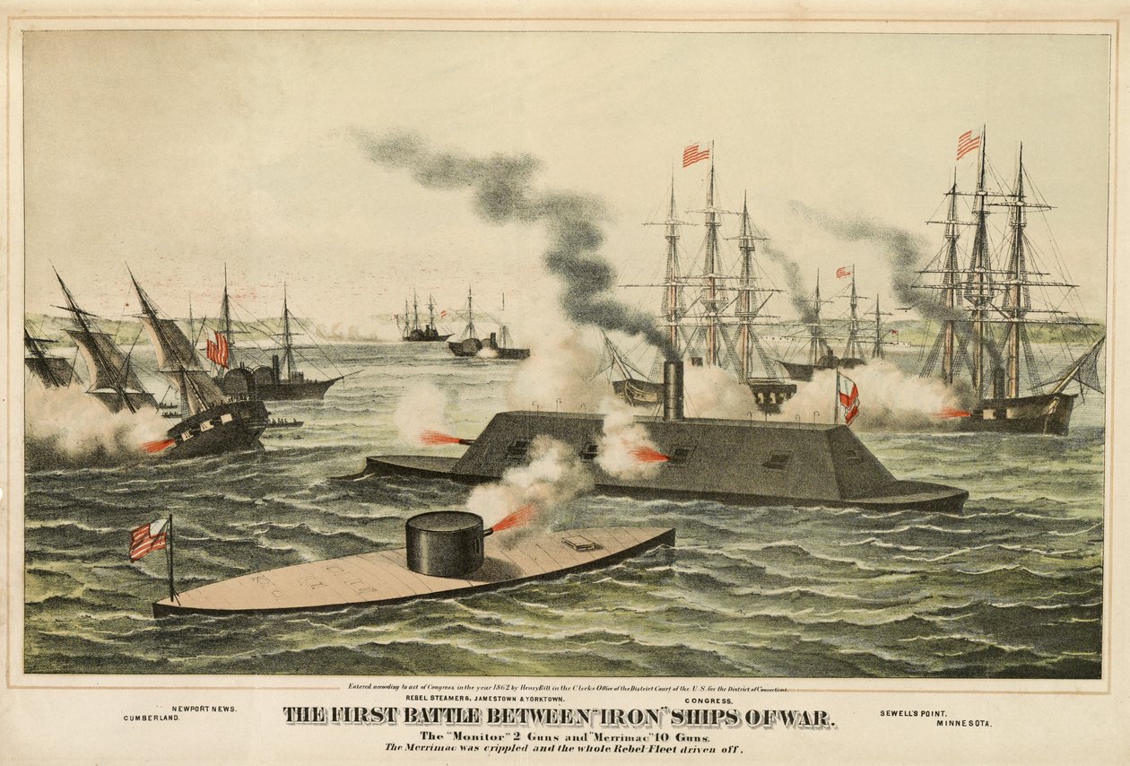 A primeira batalha entre os navios de guerra de ferro, publicada em c.1862 de Henry Bill