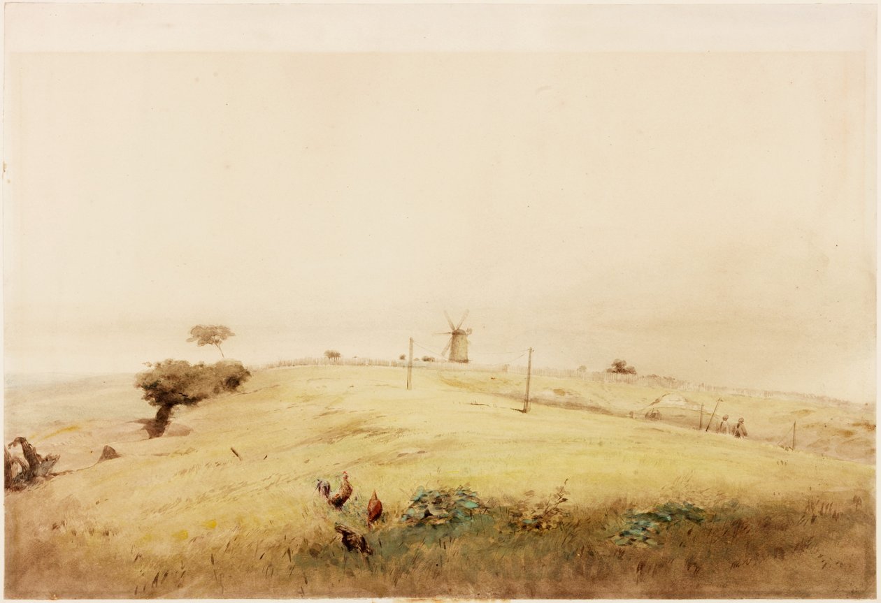Um dos Aggers do Vallum, no topo da Westgate Road, Newcastle, como apareceu em 1848 (lápis e aquarela sobre papel (colado no cartão) de Henry Burdon Richardson