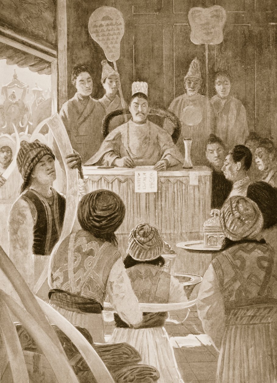 Enviados siameses em homenagem ao Imperador da China, ilustração da "Hutchinson&39;s History of the Nations", c.1910 de Henry Charles Seppings Wright