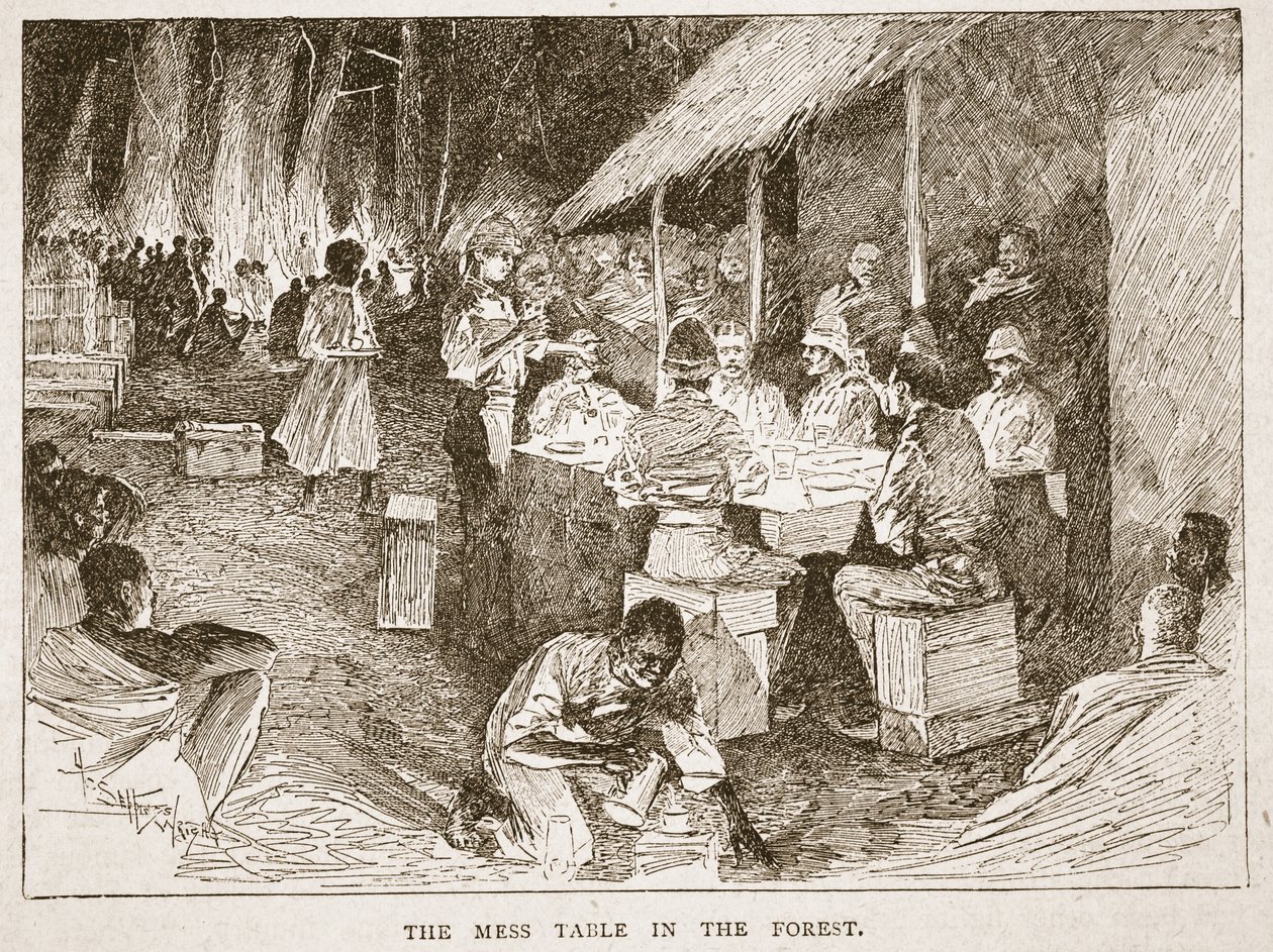 A mesa de bagunça na floresta, ilustração de &39;Battles of the 19th Century: vol. VII, A Guerra Ashanti de 1900 &39;por Archibald Forbes, GA Henty e Major Arthur Griffiths de Henry Charles Seppings Wright