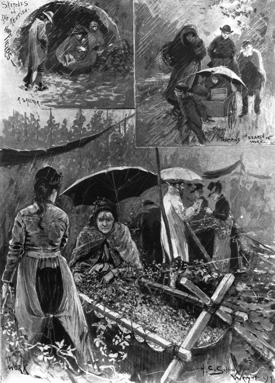 Com os angustiados apanhadores de lúpulo em Kent, de "The Illustrated London News", 11 de setembro de 1897 de Henry Charles Seppings Wright