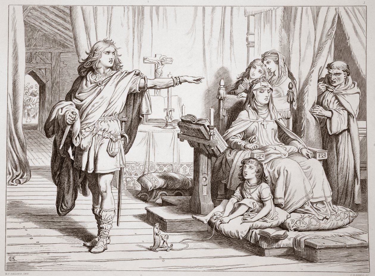 Entrevista de Hereward com sua mãe e o padre Herluin, ilustração de Hereward the Great, de Charles Kingsley, pub. 1870, gravado por CG Lewis (gravura em chapa de aço) de Henry Courtney Selous
