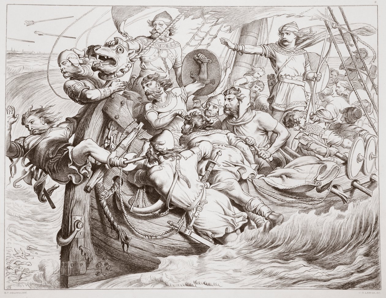 Como Hereward dirige seu navio na costa de Flandres, ilustração de Hereward the Great, de Charles Kingsley, pub. 1870, gravado por CG Lewis (gravura em chapa de aço) de Henry Courtney Selous