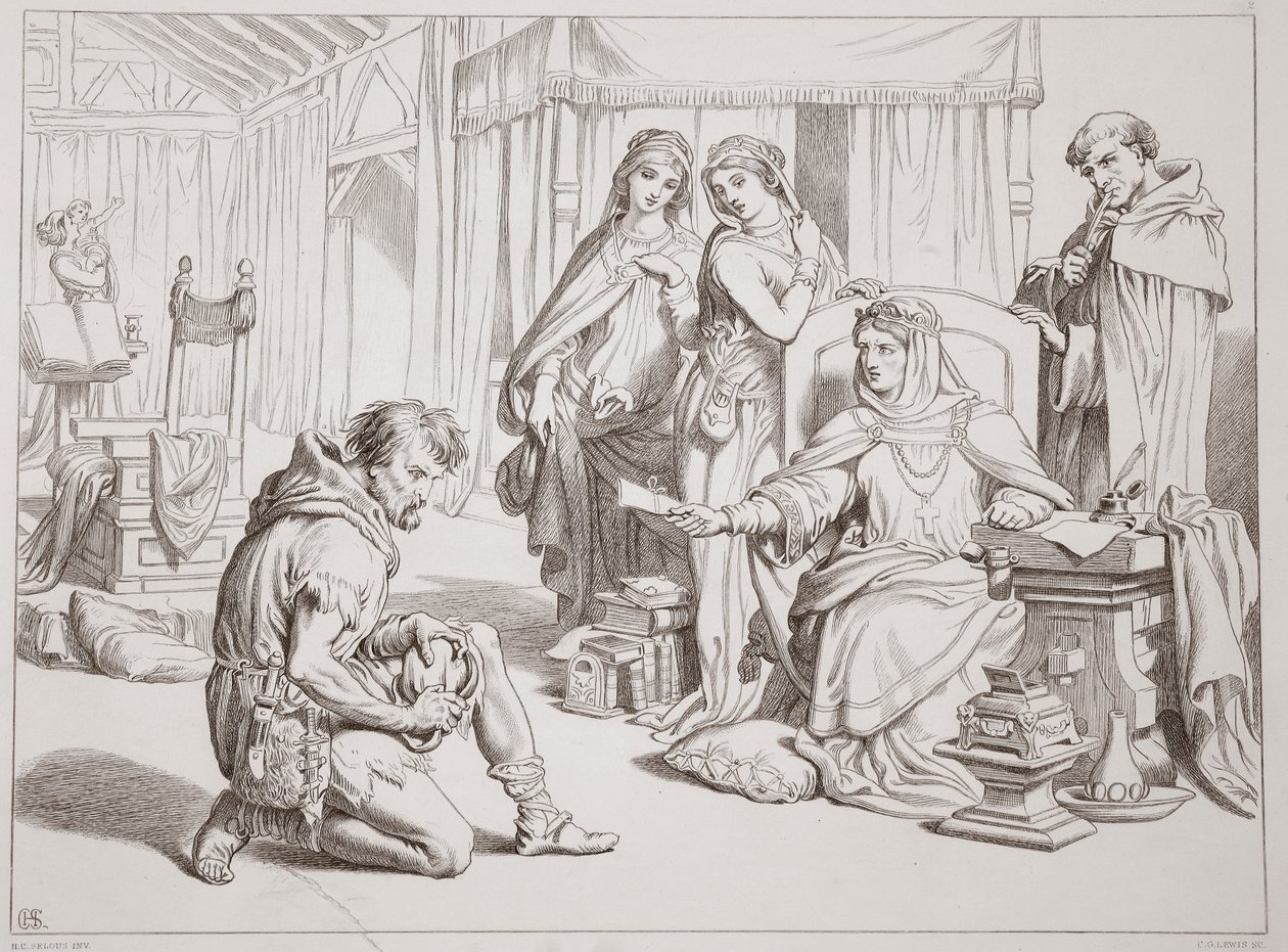Martin Lightfoot compromete-se a ser o portador da carta a Earl Leofric, ilustração de Hereward the Great, de Charles Kingsley, pub. 1870, gravado por CG Lewis (gravura em chapa de aço) de Henry Courtney Selous