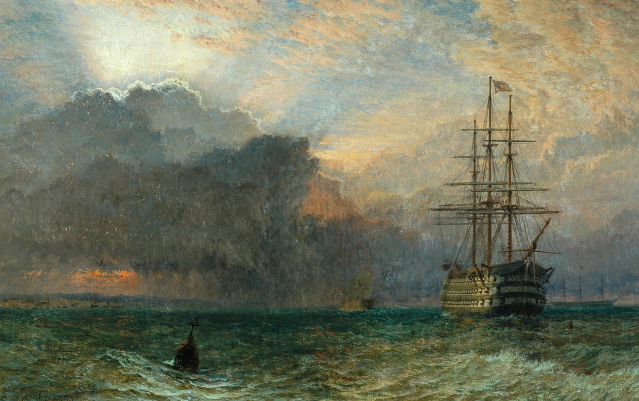 Homem O&39;War e um pôr do sol tempestuoso (The Guardship), 1875 de Henry Dawson