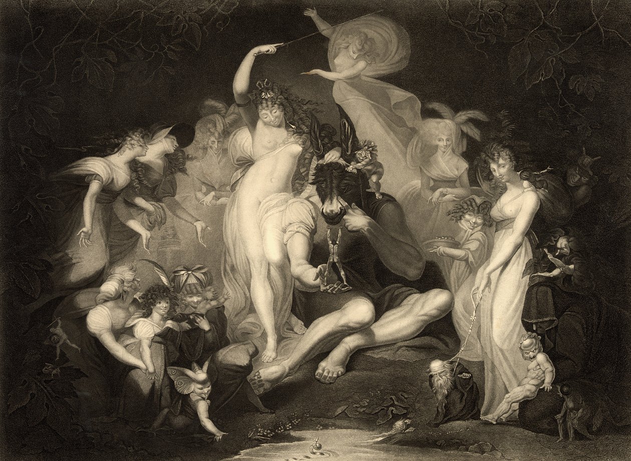Cena do Ato IV, Cena I de Um Sonho de Noites de Verão por William Shakespeare (1564-1616) gravado por JP Simon para a Boydell Shakespeare Company de Johann Heinrich Füssli