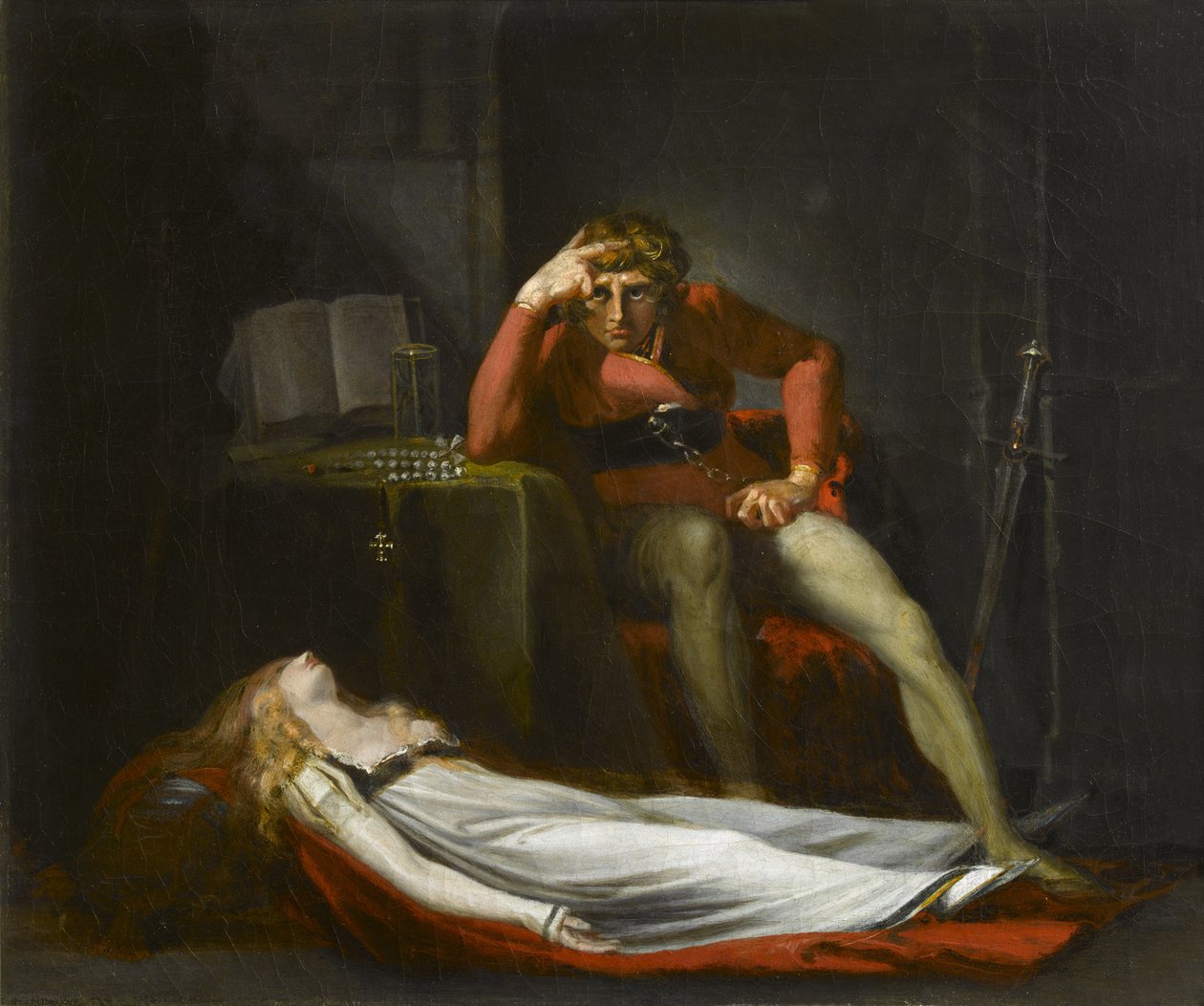 O Tribunal Italiano, ou Ezzelier, conde de Ravenna meditando sobre o corpo de Meduna, morto por ele por infidelidade durante sua ausência na Terra Santa, c.1780 de Johann Heinrich Füssli