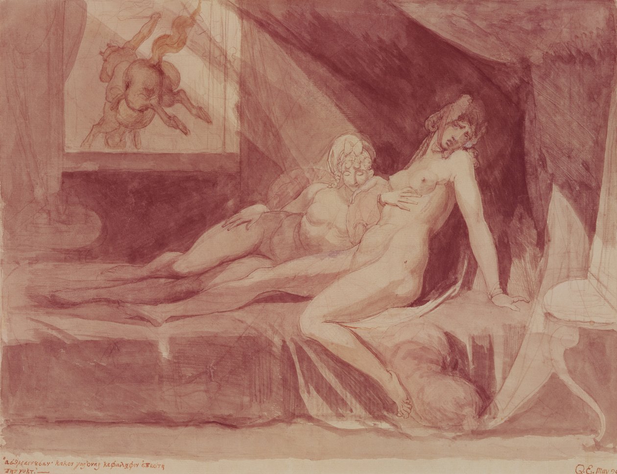 O Pesadelo Deixando Duas Mulheres Adormecidas, 1810 (grafite e wc no papel) de Johann Heinrich Füssli