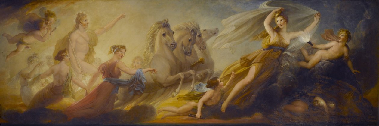 Phoebus no seu carro, precedido por Aurora e pela Estrela da Manhã, liderado pelas Horas - Jocund a correr, a sua longitude no Heav&39;ns High Road, os Zephyrs são Sporting in his Train, 1836 (óleo em mogno p de Henry Howard