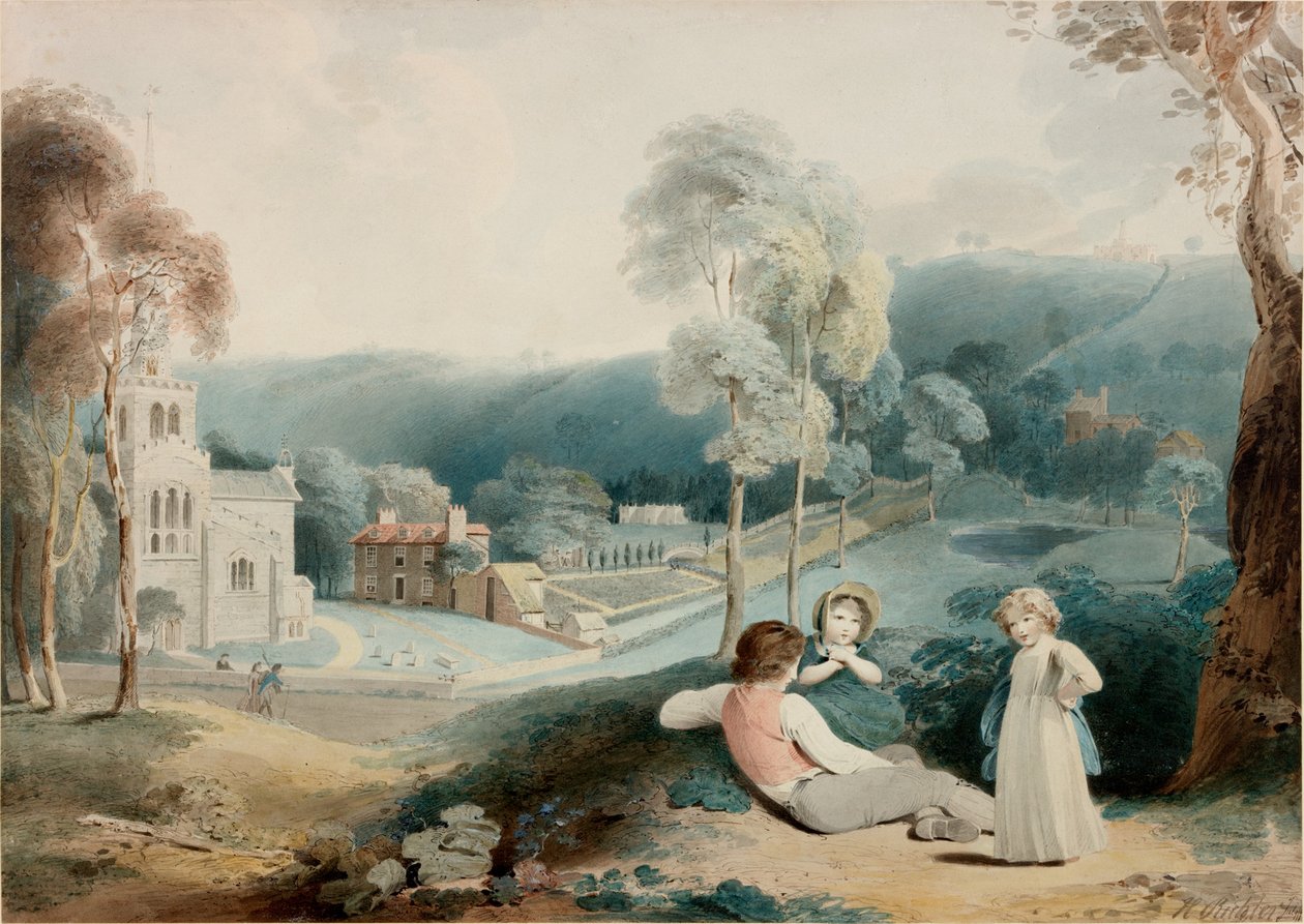 Crianças, em, paisagem, com, igreja, (bodycolour) de Henry James Richter