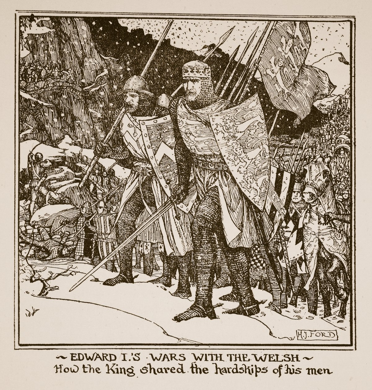 Guerras de Edward I com os galeses - como o rei compartilhou as dificuldades de seus homens, ilustração de "A History of England", de CRL Fletcher e Rudyard Kipling, 1911 de Henry Justice Ford