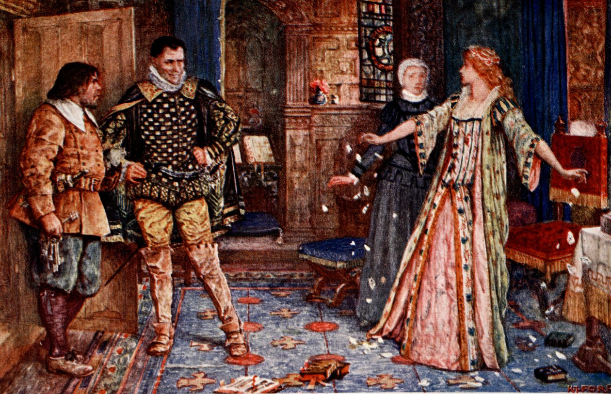 Elizabeth rasga a carta de Dudley, ilustração de "Kenilworth" de Sir Walter Scott, publicada em 1912 de Henry Justice Ford
