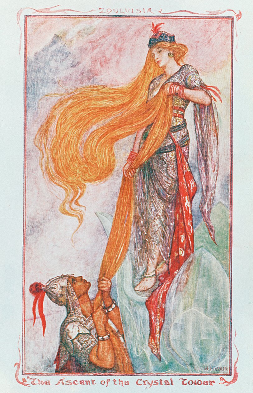 A subida da torre de cristal, ilustração de &39;Zouluisia&39; de um dos livros de fada coloridos por Andrew Lang, início do século XX de Henry Justice Ford