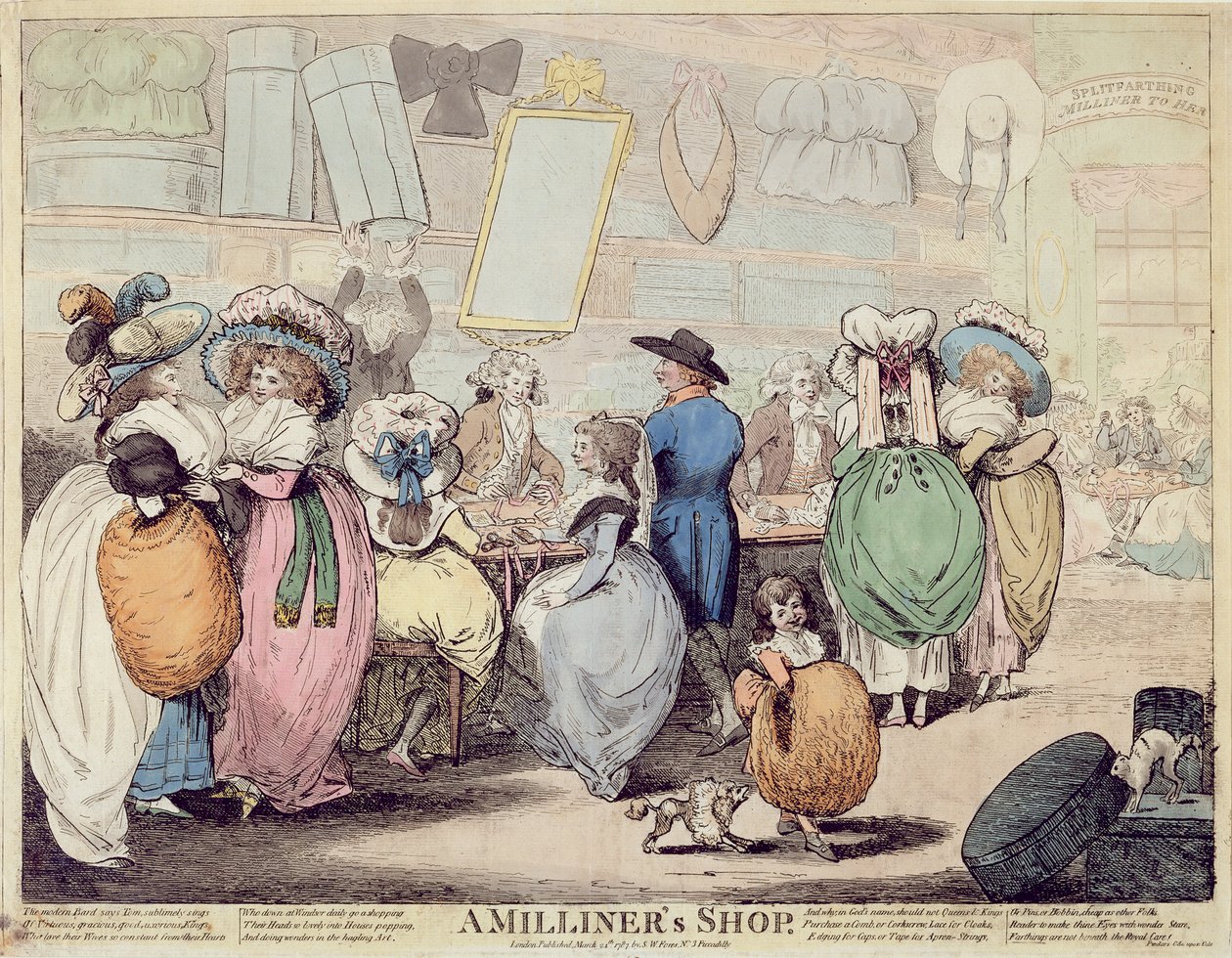 A Milliner&39;s Shop, publicado em 1787 (gravura colorida à mão) de Henry Kingsbury