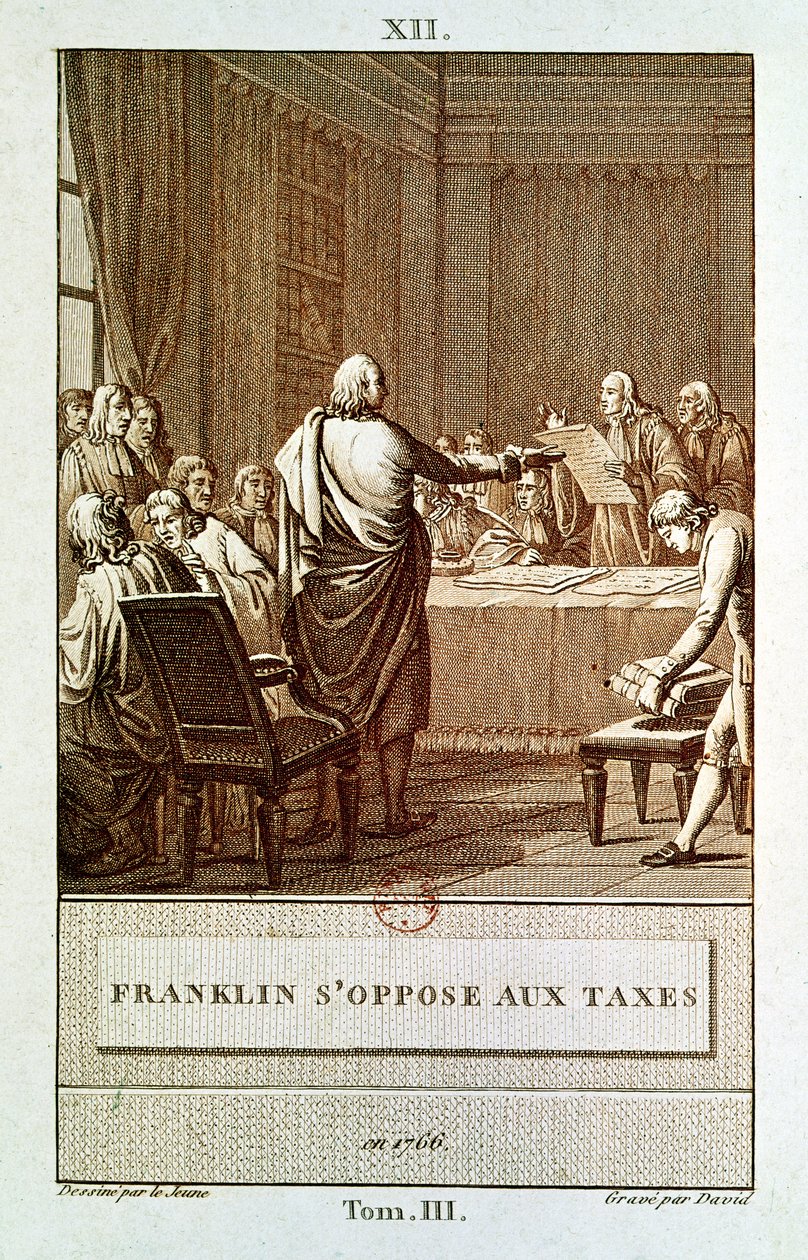 Benjamin Franklin apresentando sua oposição aos impostos em 1766, gravada por David de Henry Le Jeune
