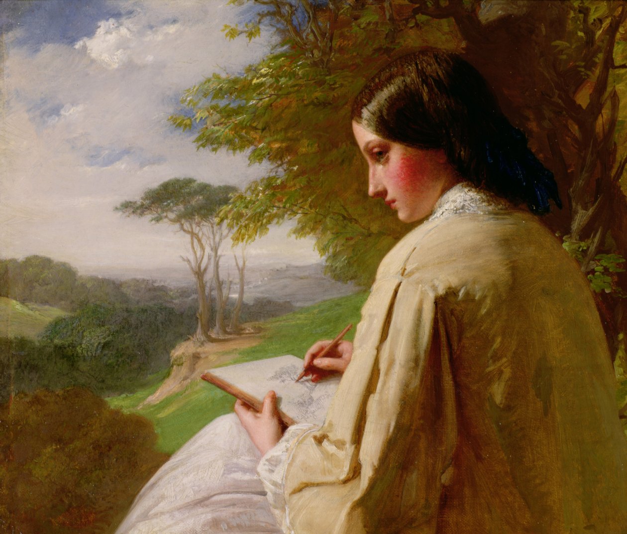 Jovem senhora que esboça em uma paisagem de Henry Le Jeune