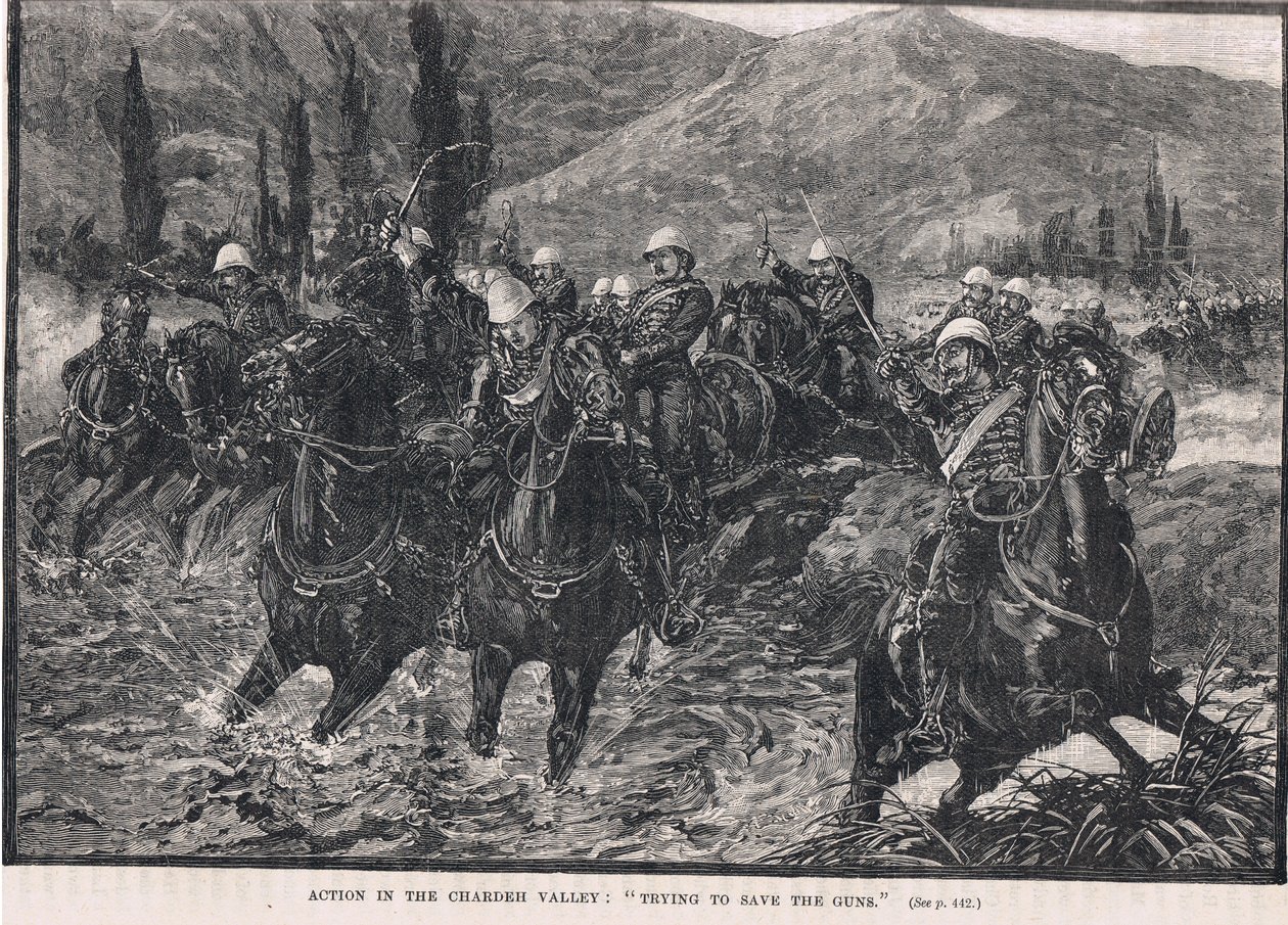 Ação no Vale de Chardeh: "Tentando salvar as armas", ilustração de "Ilustrada História da Inglaterra" de Cassell, publicada em 1910 de Henry Marriott Paget