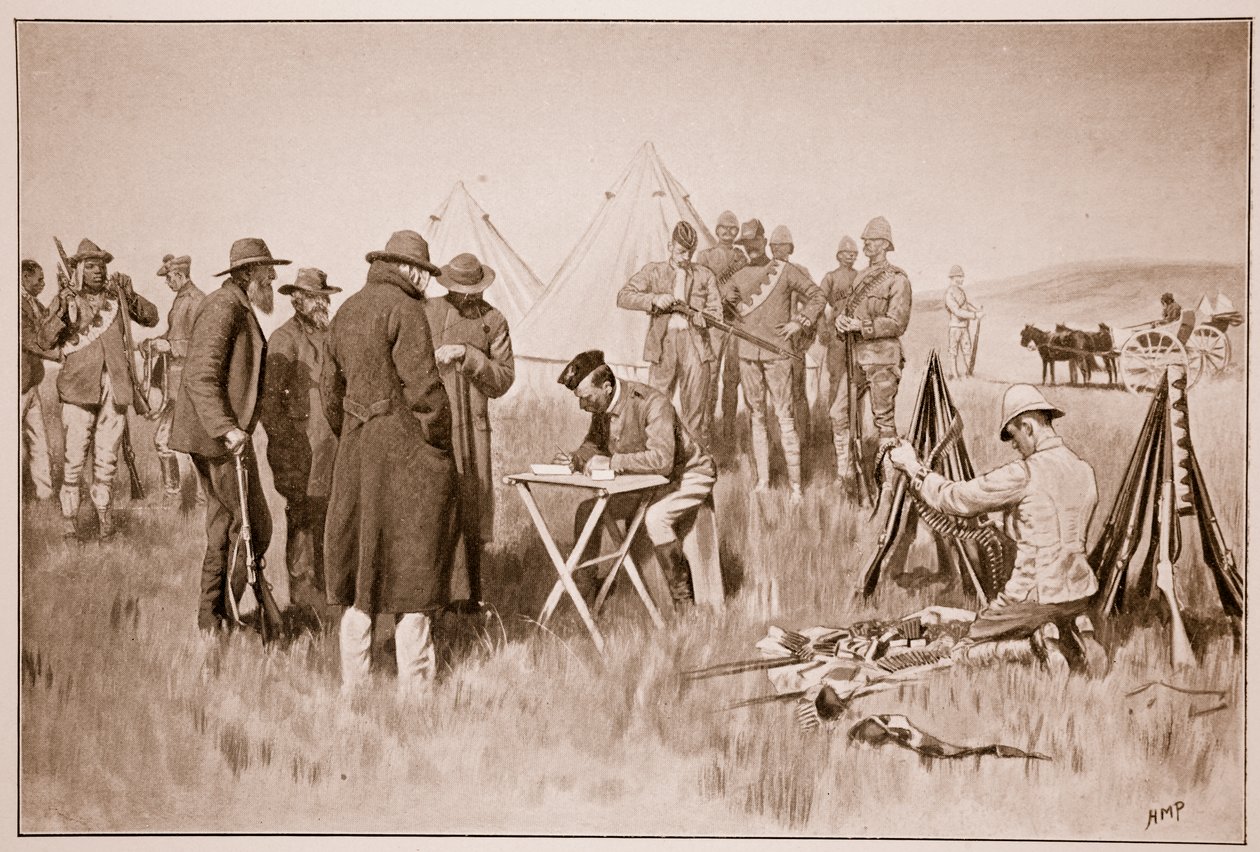 Boers fazendo o juramento de neutralidade em Greylingstad, a partir de um esboço de Lieut. EB Knox, RAMC de Henry Marriott Paget
