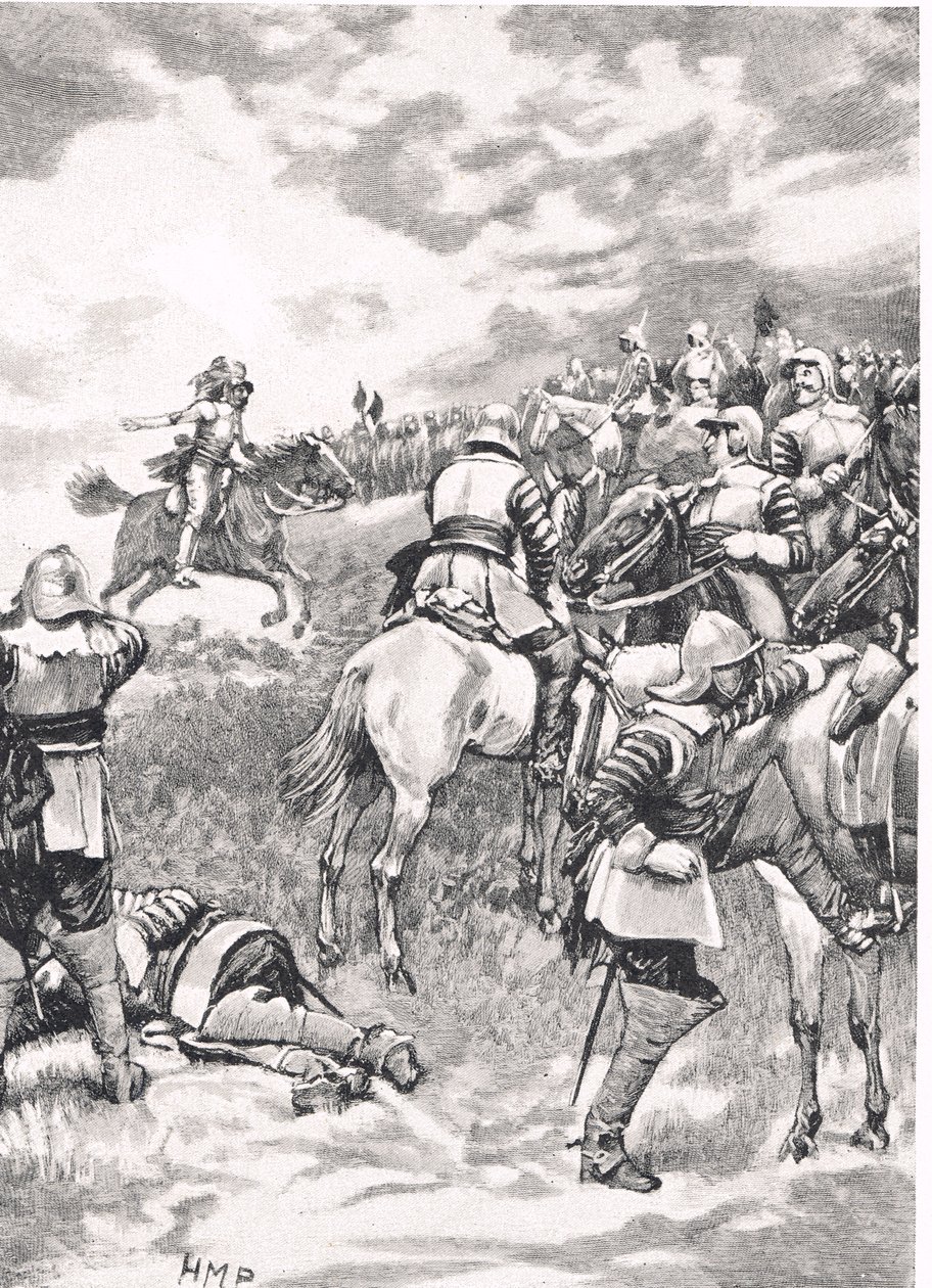 Carlos I na Batalha de Naseby, 14 de junho de 1645, ilustração de "Batalhas Britânicas na Terra e no Mar", publicado por Cassell, Londres, c.1910 de Henry Marriott Paget