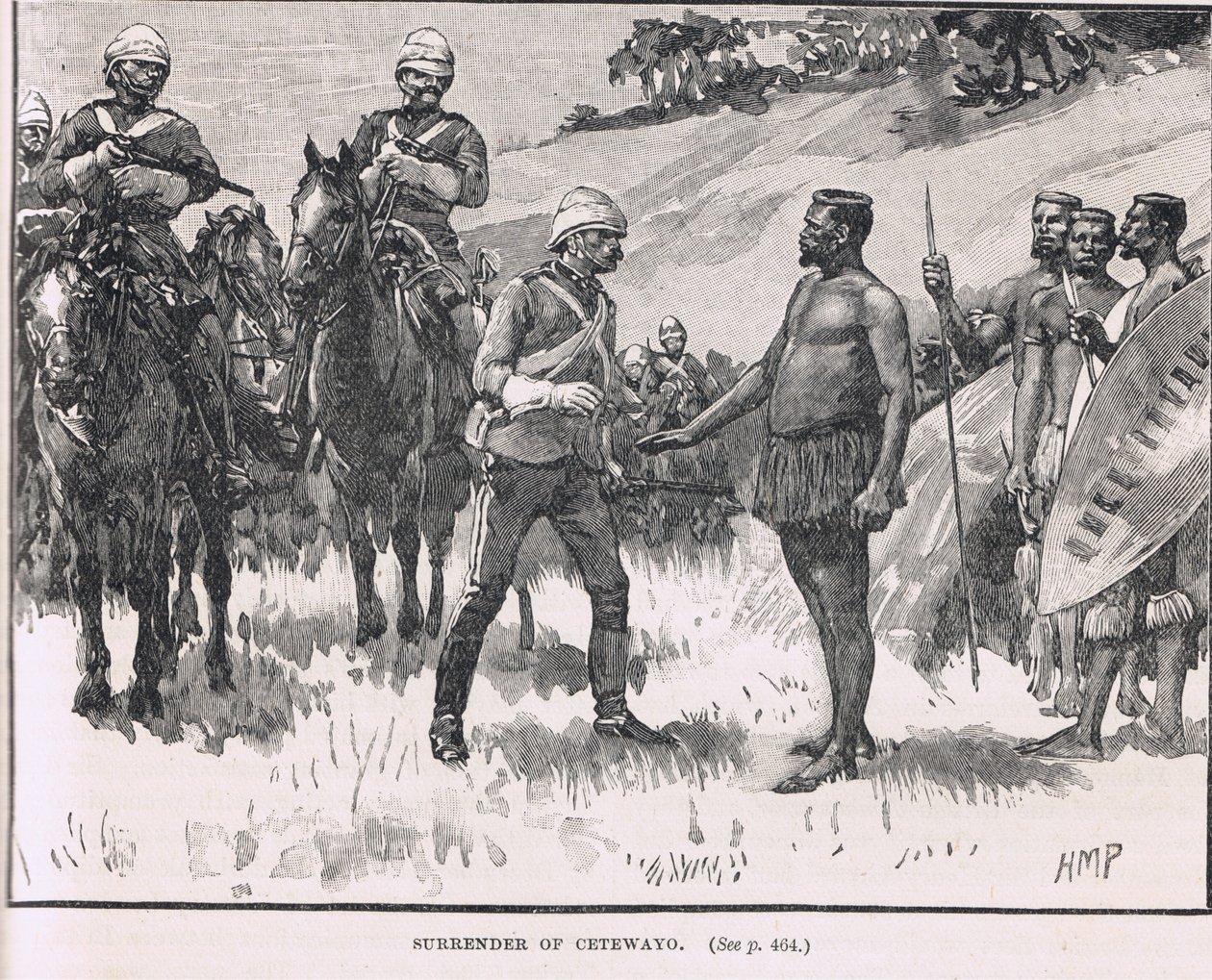 Rendição de Cetewayo, ilustração de "Illustrated History of England" de Cassell, publicada em 1910 de Henry Marriott Paget