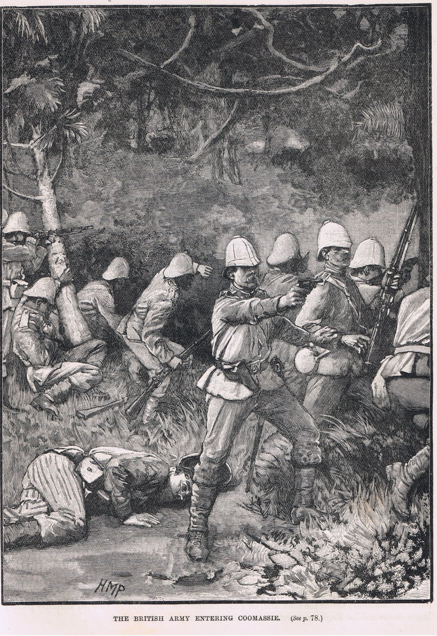 O Exército Britânico entrando em Comassie, ilustração da "História Ilustrada da Inglaterra" de Cassell, publicada em 1910 de Henry Marriott Paget