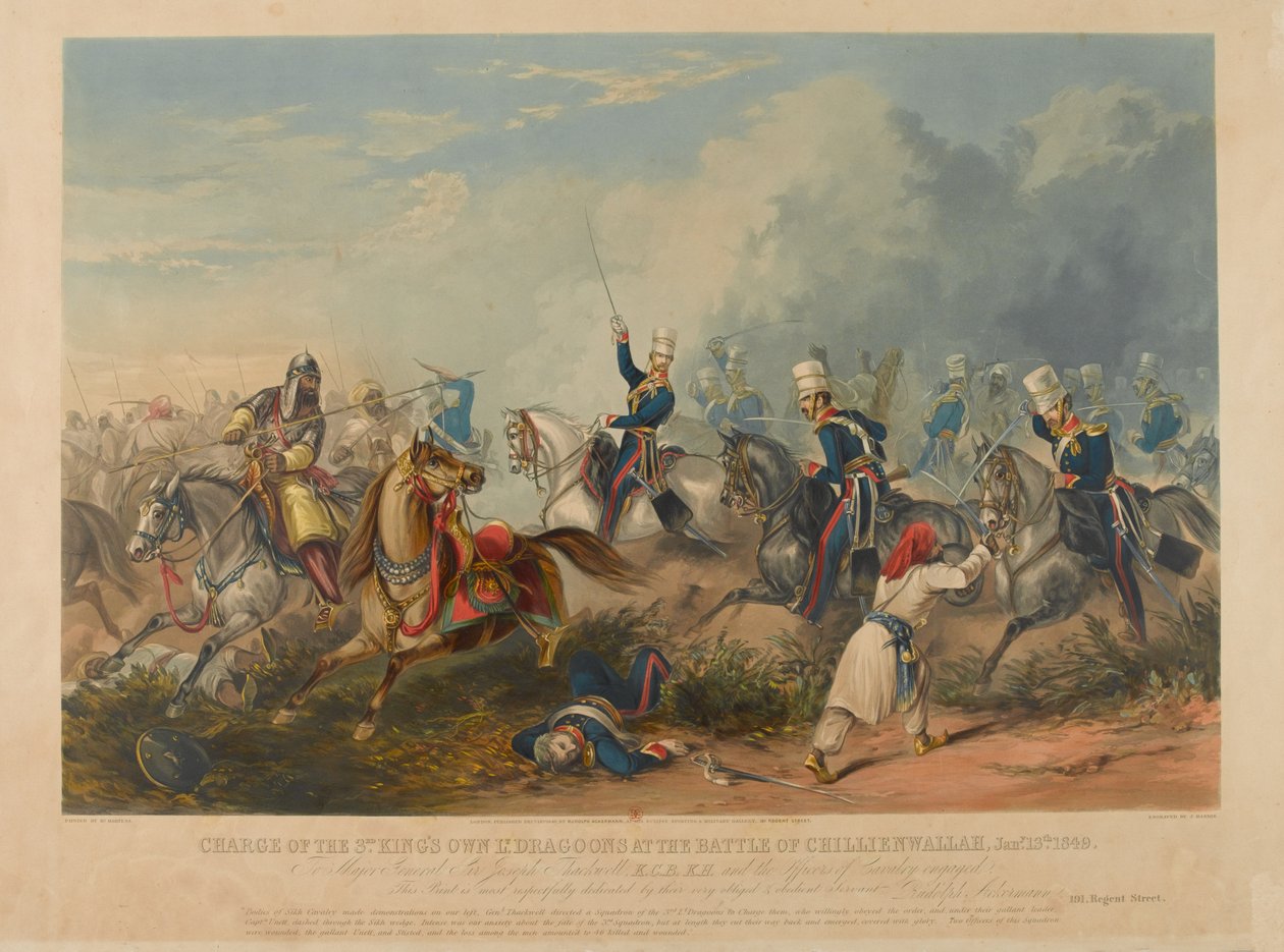 Carga dos próprios dragões de luz do 3º rei na Batalha de Chillianwala em 13 de janeiro de 1849, gravada por J. Harris, 1849 (aquatinta colorida) de Henry Martens