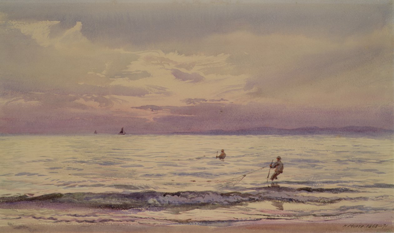 Pescadores trabalhando ao pôr do sol, 1868-71 de Henry Moore
