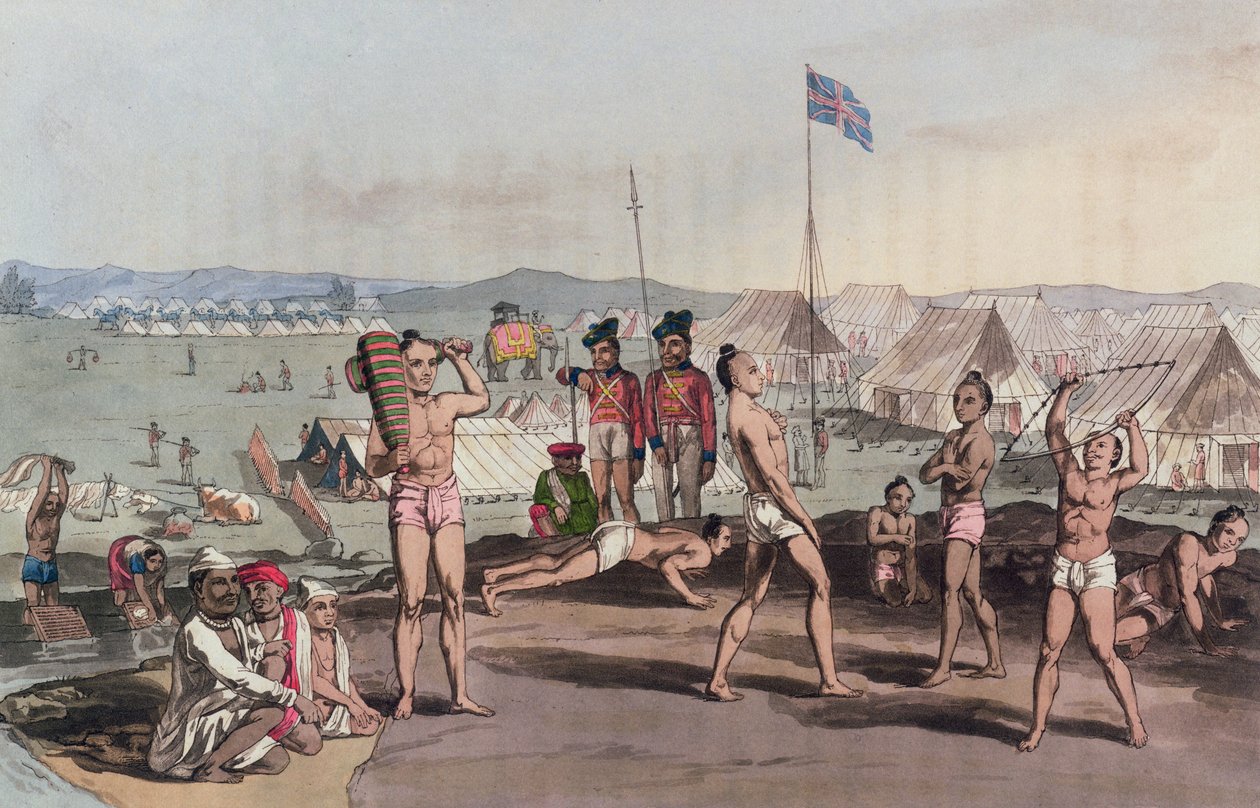 Um Ukhara com vista para o acampamento de residentes britânicos, de &39;A Mahratta Camp&39;, 5 de abril de 1813 (gravura a cores) de Henry Moses