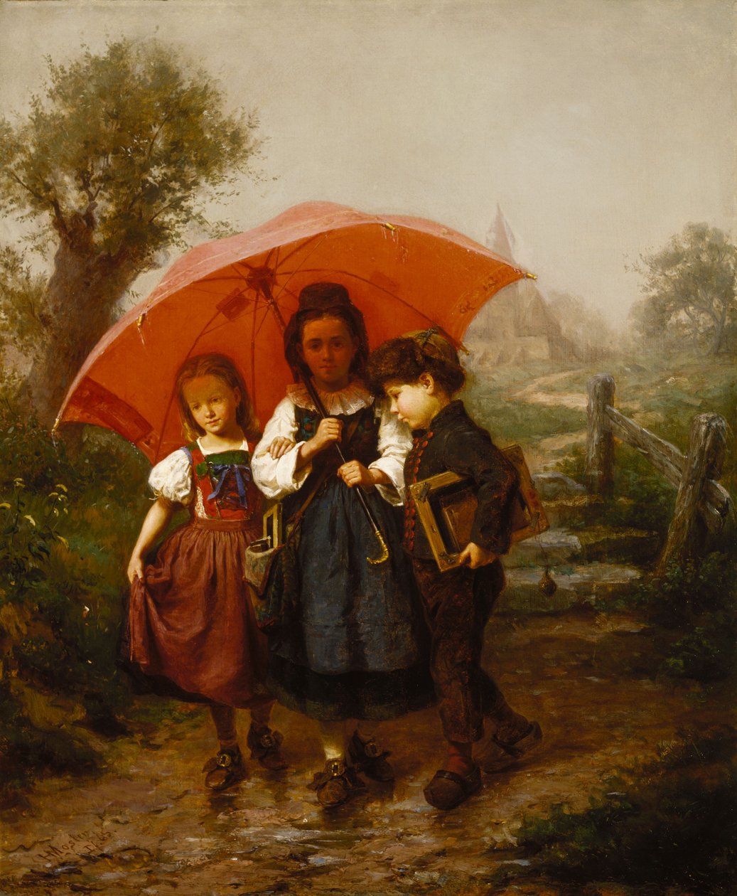 Crianças, sob, um, guarda-chuva vermelho de Henry Mosler