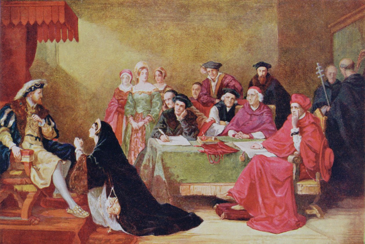 O Julgamento de Catarina de Aragão (1485-1536) ilustração da &39;Hutchinson&39;s Story of the British Nation&39; de Henry Nelson O